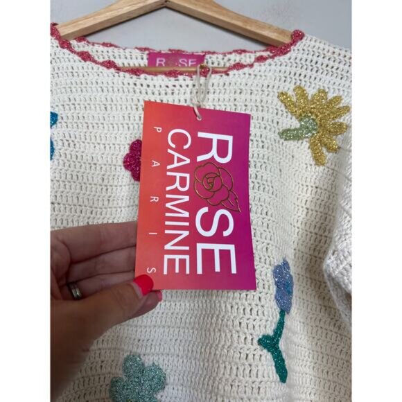 NWT Rose Carmine Sweater Bloom Scalloped Crochet Embroidered Top Cream Size: M - Picture 4 of 8